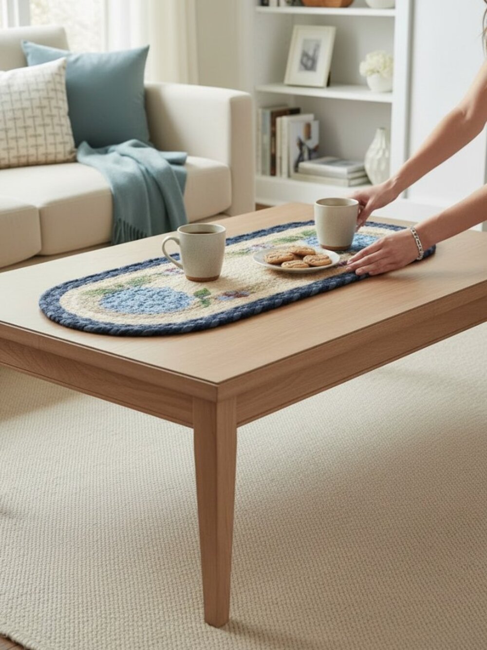 Blue Hydrangea Print Braided Stair Tread or Table Runner by Earth Rugs